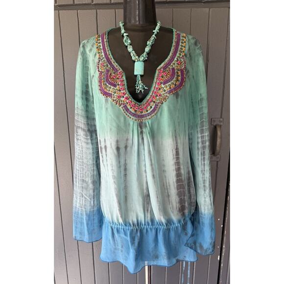 Hale Bob Tops - Hale Bob S Cabana Silk Ombre Tie Dye Beaded V-Neck Top Drawstring Waist 37” Bust